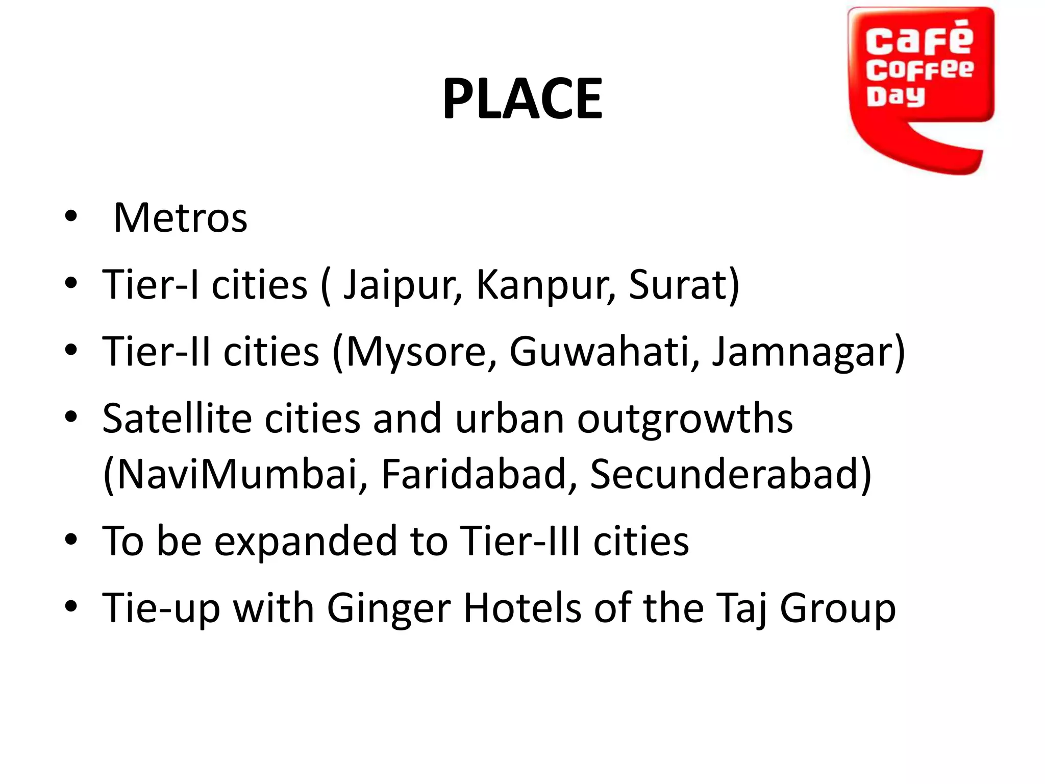 PLACE
•
•
•
•

Metros
Tier-I cities ( Jaipur, Kanpur, Surat)
Tier-II cities (Mysore, Guwahati, Jamnagar)
Satellite cities and urban outgrowths
(NaviMumbai, Faridabad, Secunderabad)
• To be expanded to Tier-III cities
• Tie-up with Ginger Hotels of the Taj Group

 