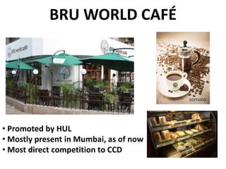 BRU WORLD CAFÉ

• Promoted by HUL
• Mostly present in Mumbai, as of now
• Most direct competition to CCD

 