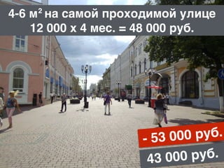 4-6 м на самой проходимой улице
12 000 х 4 мес. = 48 000 руб.
2
- 53 000 руб.
43 000 руб.
 