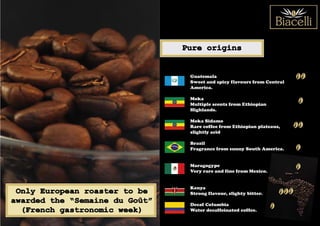 Pure origins
Guatemala
Sweet and spicy flavours from Central
America.
Moka
Multiple scents from Ethiopian
Highlands.
Moka Sidamo
Rare coffee from Ethiopian plateaus,
slightly acid
Brazil
Fragrance from sunny South America.
Maragogype
Very rare and fine from Mexico.
Kenya
Strong flavour, slighty bitter.
Decaf Columbia
Water decaffeinated coffee.

 