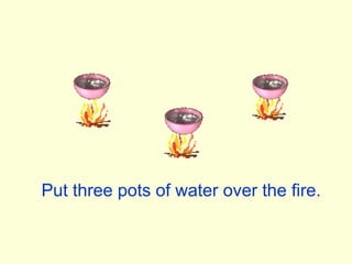 Put three pots of water over the fire.
 
