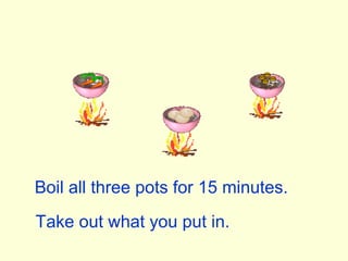 Boil all three pots for 15 minutes.
Take out what you put in.
 