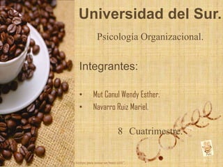 Universidad del Sur.
                 Psicología Organizacional.


      Integrantes:

      •        Mut Canul Wendy Esther.
      •        Navarro Ruiz Mariel.

                               8 Cuatrimestre.

“Es tiempo para tomar un buen café”.
 