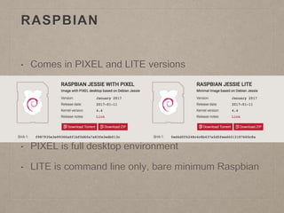 RASPBIAN
• Comes in PIXEL and LITE versions
• PIXEL is full desktop environment
• LITE is command line only, bare minimum Raspbian
 