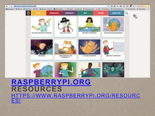 RASPBERRYPI.ORG
RESOURCES
HTTPS://WWW.RASPBERRYPI.ORG/RESOURC
ES/
 