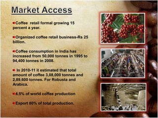 Coffee retail formal growing 15
percent a year.
Organized coffee retail business-Rs 25
billion.
Coffee consumption in India has
increased from 50,000 tonnes in 1995 to
94,400 tonnes in 2008.
In 2010-11 it estimated that total
amount of coffee 3,08,000 tonnes and
2,89,600 tonnes. For Robusta and
Arabica.
4.5% of world coffee production
Export 80% of total production.
 