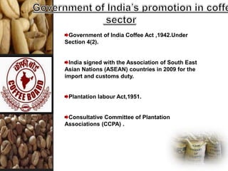 Government of India Coffee Act ,1942.Under
Section 4(2).
India signed with the Association of South East
Asian Nations (ASEAN) countries in 2009 for the
import and customs duty.
Plantation labour Act,1951.
Consultative Committee of Plantation
Associations (CCPA) .
 