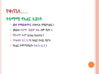 …
የቀጠለ .
ተስማሚ የአፈር አይነት
 ውሃ የማይቋጥር /በቀላሉ የሚያሳልፍ ፤
 መልኩ ቡናማ ወይም ቀይ ለም የሆነ ፤
 ሸክላማ ሎም (clay loam) ፤
 ጥልቀት ከ1.5 ሜ ከዚያ በላይ የሆነ፤
 የአፈር ኮምጣጤነት ከ4.5–6.5 ፤
 