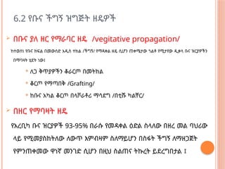 6.2 የቡና ችግኝ ዝግጅት ዘዴዎች
 በቡና ያለ ዘር የማራባር ዘዴ /vegitative propagation/
ከተወሰነ የቡና ክፍል በመውሰድ አዲስ ተክል /ችግኝ/ የማዳቀል ዘዴ ሲሆን ጠቀሜታው ጎልቶ የሚታየው ዲቃላ ቡና ዝርያዎችን
በማባዛት ሂደት ነው፤
 ለጋ ቅጥያዎችን ቆራርጦ በመትከል
 ቆርጦ የማጣበቅ /Grafting/
 ከቡና አካል ቆርጦ በላቮራቶሪ ማሳደግ /በቲሹ ካልቸር/
 በዘር የማባዛት ዘዴ
የአረቢካ ቡና ዝርያዎች 93-95% በራሱ የመዳቀል ዕድል ስላለው በዘረ መል ባህሪው
ላይ የሚመያስከትለው ለውጥ እምብዛም ስለማይሆን በስፋት ችግኝ ለማዘጋጀት
የምንጠቀመው ዋነኛ መንገድ ሲሆን በዚህ ስልጠና ትኩረት ይደረግበታል ፤
 