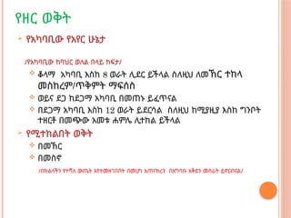 የዘር ወቅት
 የአካባቢው የአየር ሁኔታ
/የአካባቢው ከባህር ወለል በላይ ከፍታ/
 ቆላማ አካባቢ እስከ 8 ወራት ሊደር ይችላል ስለዚህ ለመኸር ተከላ
መስከረም/ጥቅምት ማፍሰስ
 ወይና ደጋ ከደጋማ አካባቢ በመጠኑ ይፈጥናል
 በደጋማ አካባቢ እስከ 12 ወራት ይደርሳል ስለዚህ ከሚያዚያ እስከ ግንቦት
ተዘርቶ በመጭው አመቱ ሐምሌ ሊተከል ይችላል
 የሚተከልበት ወቅት
 በመኸር
 በመስኖ
/በክልላችን የተሻለ ውጤት እየተመዘገበበት በመሆነ አጠናክረን በአግባቡ አቅደን መስራት ይኖርብናል/
 