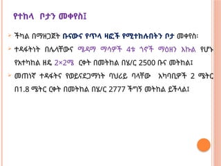 የተከላ ቦታን መቀየስ፤
 ችካል በማዘጋጀት ቡናውና የጥላ ዛፎች የሚተከሉበትን ቦታ መቀየስ፡
 ተዳፋትነት በሌላቸውና ሜዳማ ማሳዎች 4ቱ ጎኖች ማዕዘን እኩል የሆኑ
የአተካከል ዘዴ 2×2ሜ ርቀት በመትከል በሄ/ር 2500 ቡና መትከል፤
 መጠነኛ ተዳፋትና የወይናደጋማነት ባህሪይ ባላቸው አካባቢዎች 2 ሜትር
በ1.8 ሜትር ርቀት በመትከል በሄ/ር 2777 ችግኝ መትከል ይችላል፤
 