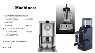 Machines:
• AN AUTOMATIC COFFEE MAKER
(GAGGIA UNICA): 19.140.000
• A BLENDER
(LEGEND): 3.950.000
• A COFFEE BEANS BLENDER
(GAGGIA MDF): 7.599.000
• A REFRIGERATOR.
• A SUPER-FAST BOILING KETTLE.
• ICE BOX.
 