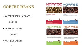 COFFEE BEANS
• KAFFEE PREMIUM CLASS:
165.000
• KAFFEE CLASS I:
190.000
• KAFFEE CLASS II:
 