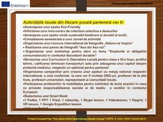 Proiectul este finanțat din fondurile UE
Activităţile locale din fiecare școală parteneră vor fi:
Amenajarea unui spatiu Eco-Friendly
Infiintarea unui mini-centru de colectare selectiva a deseurilor
Amenjarea unui spatiu verde sustenabil biodivers si durabil al scolii,
Completarea semestriala a unui Jurnal de activitati
Organizarea unui concurs international de fotografie „Natura ne inspira”
 Realizarea unui panou de fotografii "Asa da! Asa nu!”
 Organizarea unui workshop pentru elevi cu tema "Drepturile si obligatiile
consumatorului in contextul dezvoltarii durabile"
Revizuirea unui Curriculum în Dezvoltare Locală pentru clasa a XI-a liceu, profilul
tehnic, calificarea tehnician transporturi auto prin adaugarea unui capitol despre
protectia mediului, respectiv un optional pentru parteneri
Organizarea campaniilor prin crearea unor spoturi cu mesaj national respectiv
international, a unei conferinte la care vor fi invitate ONG-uri, profesori de la alte
licee, profesori universitari, reprezentanti ai comunitatii locale.
Participarea profesorilor la mobilitatea pentru schimbul de bune practici in ceea
ce priveste responsabilizarea sociala si de mediu a scolilor in contextul
European
Redactarea unei Smart Book
1 Padlet, 1 PPT, 1 Prezi, 1 videoclip, 1 Skype lesson, 1 Videolesson, 1 flipgrid, 1
VR lesson, 1 Google Expedition lesson
Videoconferinţă
 