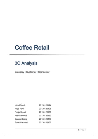 1 | P a g e
Coffee Retail
3C Analysis
Category | Customer | Competitor
Nikhil Saraf 20130120124
Nitya Ravi 20130120126
Pooja Shirali 20130120130
Prem Thomas 20130120132
Saarini Bagga 20130120139
Surabhi Anand 20130120152
 