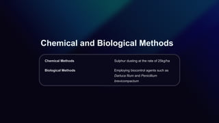 Chemical and Biological Methods
Chemical Methods Sulphur dusting at the rate of 25kg/ha
Biological Methods Employing biocontrol agents such as
Darluca filum and Penicillium
brevicompactum
 