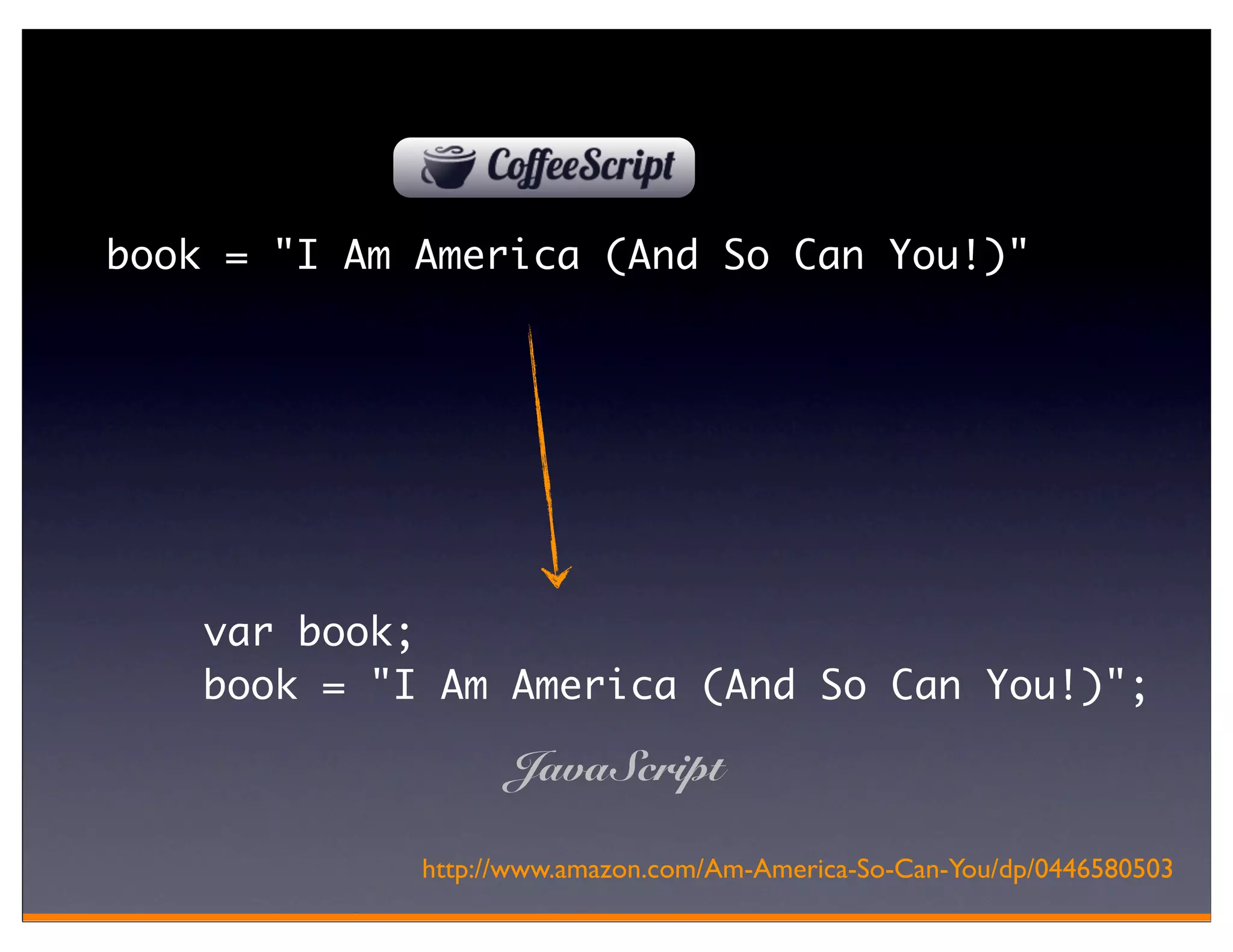 book = "I Am America (And So Can You!)"




    var book;
    book = "I Am America (And So Can You!)";

                   JavaScript

             http://www.amazon.com/Am-America-So-Can-You/dp/0446580503
 