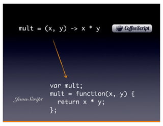mult = (x, y) -> x * y




             var mult;
             mult = function(x, y) {
JavaScript
                return x * y;
             };
 