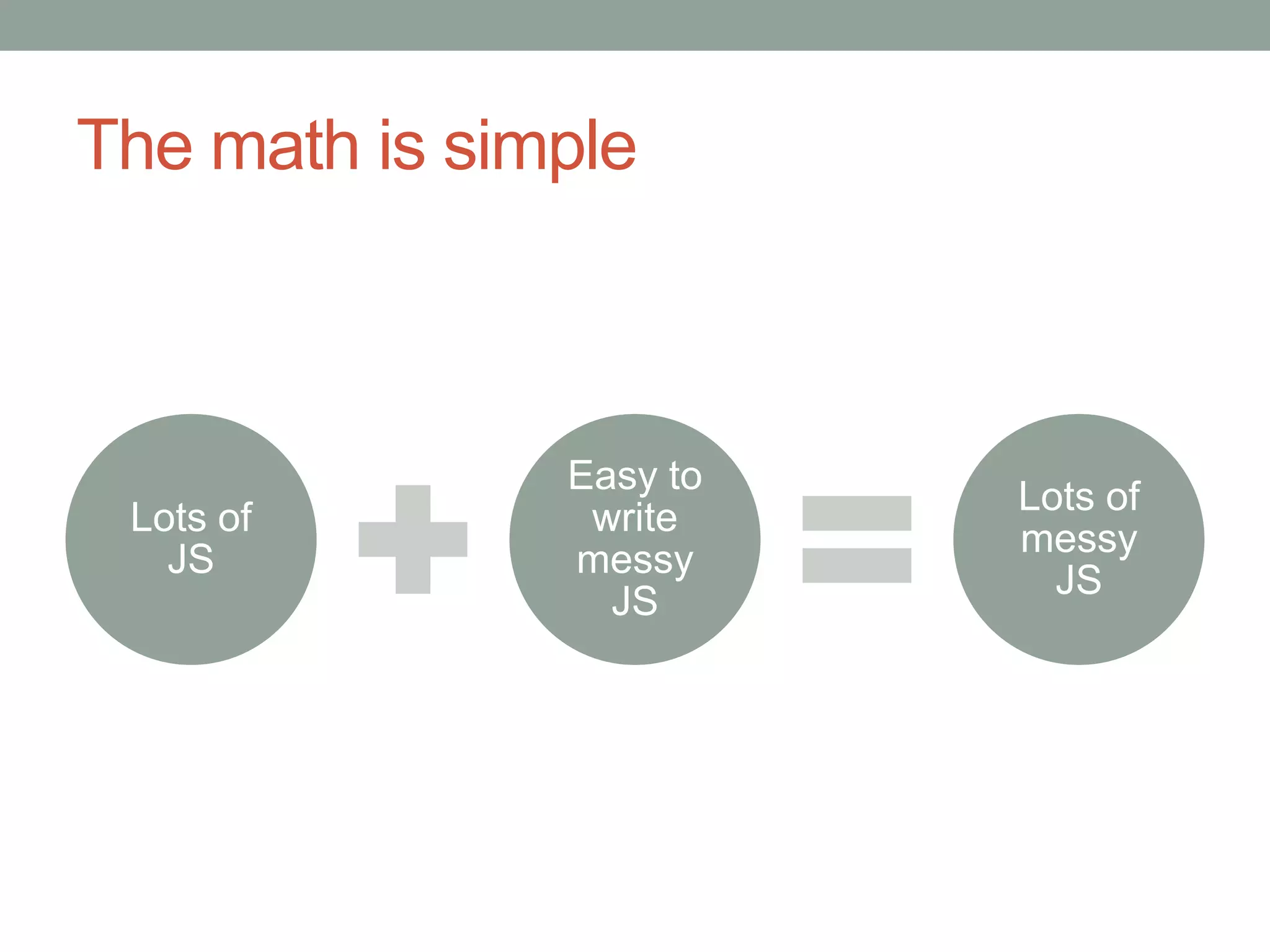 The math is simple
Lots of
JS
Easy to
write
messy
JS
Lots of
messy
JS
 