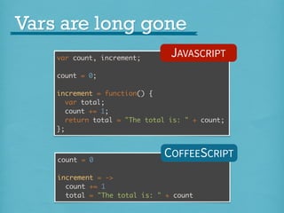 Vars are long gone
var count, increment;

JAVASCRIPT

count = 0;
increment = function() {
var total;
count += 1;
return total = "The total is: " + count;
};

count = 0

COFFEESCRIPT

increment = ->
count += 1
total = "The total is: " + count

 