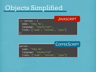 Objects Simplified
JAVASCRIPT

var person = {
name: "Toby Ho",
language: "javascript",
likes: ["node", "testem", "jazz"]
};

COFFEESCRIPT

person =
name: "Toby Ho"
language: "javascript"
likes: ["node", "testem", "jazz"]

 