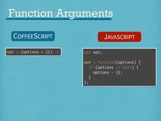 Function Arguments
COFFEESCRIPT
eat = (options = {}) ->

JAVASCRIPT
var eat;
eat = function(options) {
if (options == null) {
options = {};
}
};

 
