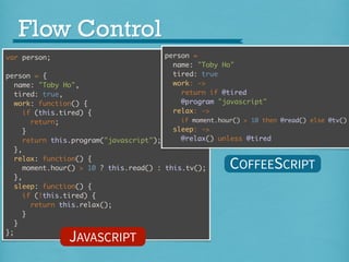 Flow Control
person =
name: "Toby Ho"
tired: true
work: ->
return if @tired
@program "javascript"
relax: ->

var person;

person = {
name: "Toby Ho",
tired: true,
work: function() {
if (this.tired) {
if moment.hour() > 10 then @read() else @tv()
return;
sleep: ->
}
@relax() unless @tired
return this.program("javascript");
},
relax: function() {
moment.hour() > 10 ? this.read() : this.tv();
},
sleep: function() {
if (!this.tired) {
return this.relax();
}
}
};

COFFEESCRIPT

JAVASCRIPT

 