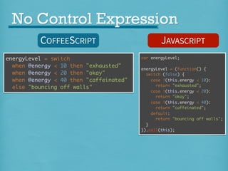 No Control Expression
COFFEESCRIPT
energyLevel = switch
when @energy < 10 then "exhausted"
when @energy < 20 then "okay"
when @energy < 40 then "caffeinated"
else "bouncing off walls"

JAVASCRIPT
var energyLevel;
energyLevel = (function() {
switch (false) {
case !(this.energy < 10):
return "exhausted";
case !(this.energy < 20):
return "okay";
case !(this.energy < 40):
return "caffeinated";
default:
return "bouncing off walls";
}
}).call(this);

 