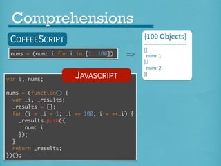 Comprehensions
{100 Objects}

COFFEESCRIPT
nums = (num: i for i in [1..100])

var i, nums;

=>

JAVASCRIPT

nums = (function() {
var _i, _results;
_results = [];
for (i = _i = 1; _i <= 100; i = ++_i) {
_results.push({
num: i
});
}
return _results;
})();

-------------------------[{
num: 1
},{
num: 2
}]

 