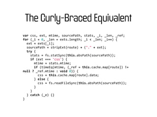 The Curly-Braced Equivalent
var	
  css,	
  ext,	
  mtime,	
  sourcePath,	
  stats,	
  _i,	
  _len,	
  _ref;
for	
  (_i	
  =	
  0,	
  _len	
  =	
  exts.length;	
  _i	
  <	
  _len;	
  _i++)	
  {
	
  	
  ext	
  =	
  exts[_i];
	
  	
  sourcePath	
  =	
  stripExt(route)	
  +	
  ("."	
  +	
  ext);
	
  	
  try	
  {
	
  	
  	
  	
  stats	
  =	
  fs.statSync(this.absPath(sourcePath));
	
  	
  	
  	
  if	
  (ext	
  ===	
  'css')	
  {
	
  	
  	
  	
  	
  	
  mtime	
  =	
  stats.mtime;
	
  	
  	
  	
  	
  	
  if	
  (timeEq(mtime,	
  (_ref	
  =	
  this.cache.map[route])	
  !=	
  
null	
  ?	
  _ref.mtime	
  :	
  void	
  0))	
  {
	
  	
  	
  	
  	
  	
  	
  	
  css	
  =	
  this.cache.map[route].data;
	
  	
  	
  	
  	
  	
  }	
  else	
  {
	
  	
  	
  	
  	
  	
  	
  	
  css	
  =	
  fs.readFileSync(this.absPath(sourcePath));
	
  	
  	
  	
  	
  	
  }
	
  	
  	
  	
  }
	
  	
  }	
  catch	
  (_e)	
  {}
}
 