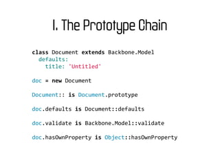 I. The Prototype Chain
class	
  Document	
  extends	
  Backbone.Model
	
  	
  defaults:
	
  	
  	
  	
  title:	
  'Untitled'

doc	
  =	
  new	
  Document

Document::	
  is	
  Document.prototype

doc.defaults	
  is	
  Document::defaults

doc.validate	
  is	
  Backbone.Model::validate

doc.hasOwnProperty	
  is	
  Object::hasOwnProperty
 