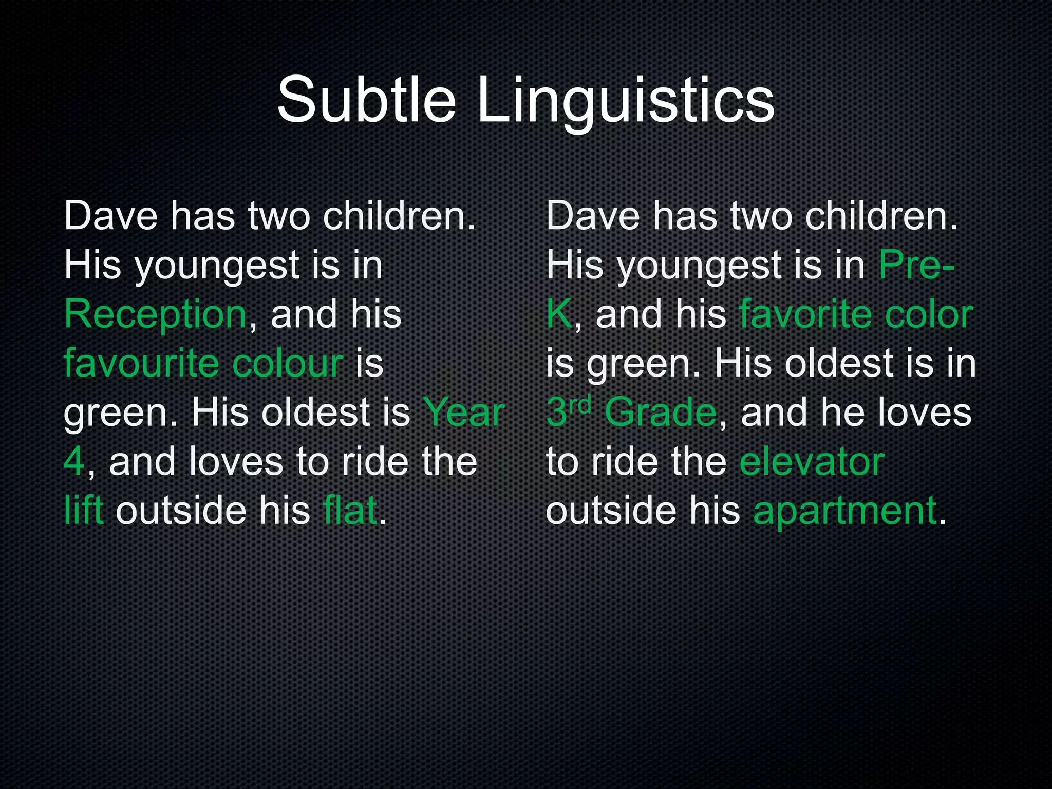 Subtle Linguistics
Dave has two children.
His youngest is in
Reception, and his
favourite colour is
green. His oldest is Year
4, and loves to ride the
lift outside his flat.
Dave has two children.
His youngest is in Pre-
K, and his favorite color
is green. His oldest is in
3rd Grade, and he loves
to ride the elevator
outside his apartment.
 