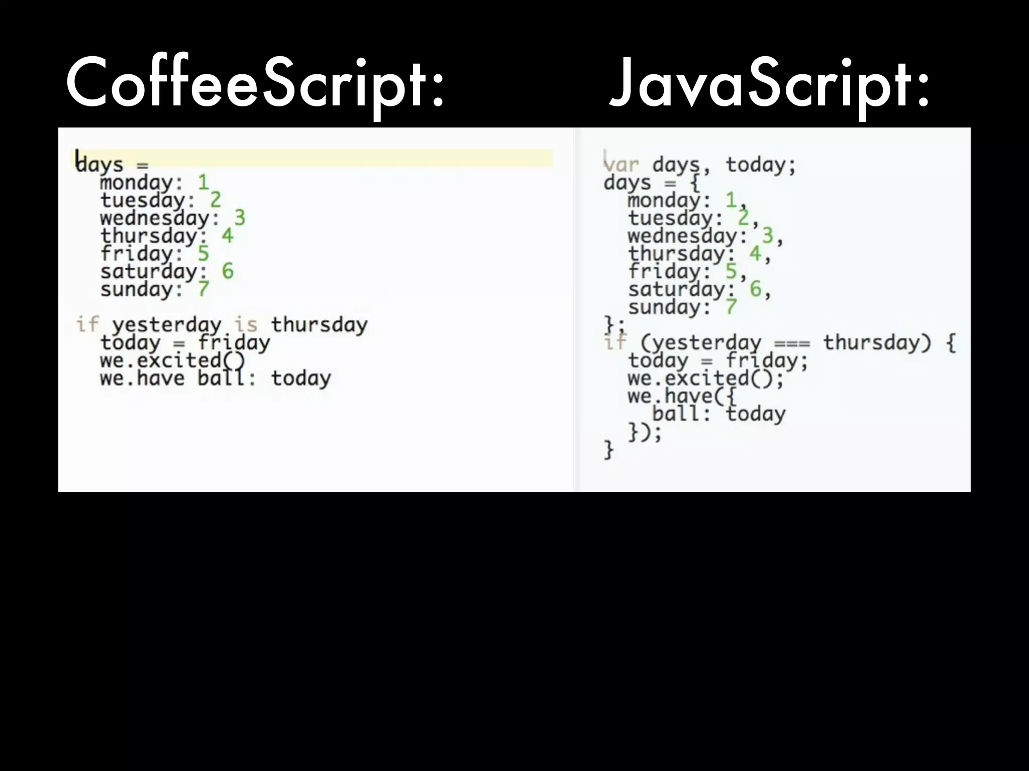 CoffeeScript:   JavaScript:
 