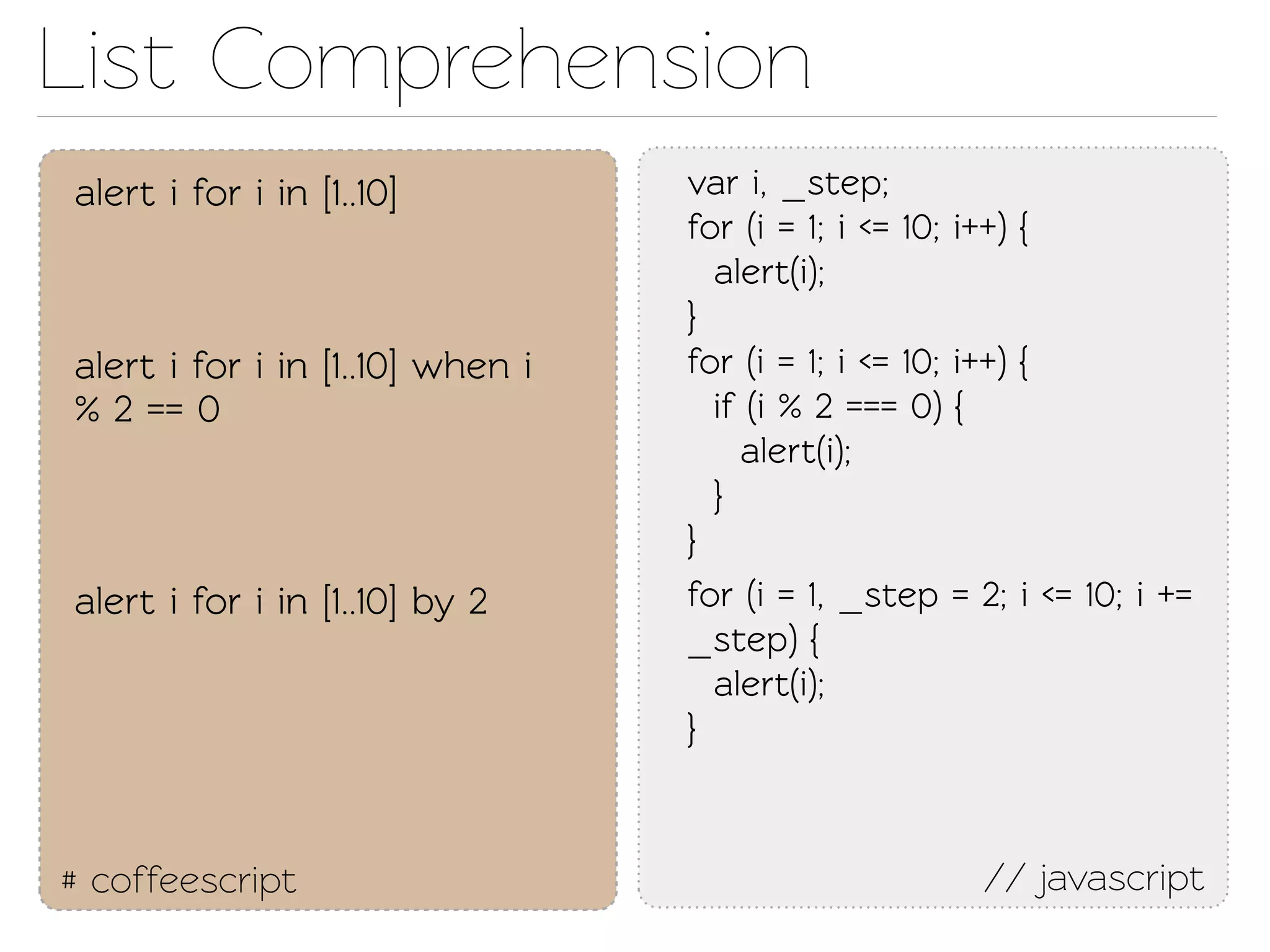 List Comprehension
alert i for i in [1..10]          var i, _sep;
                                  for (i = 1; i <= 10; i++) {
                                    alert(i);
                                  }
alert i for i in [1..10] when i   for (i = 1; i <= 10; i++) {
% 2 == 0                            if (i % 2 === 0) {
                                      alert(i);
                                    }
                                  }
alert i for i in [1..10] by 2     for (i = 1, _sep = 2; i <= 10; i +=
                                  _sep) {
                                    alert(i);
                                  }



# coffeescript                                         // javascript
 