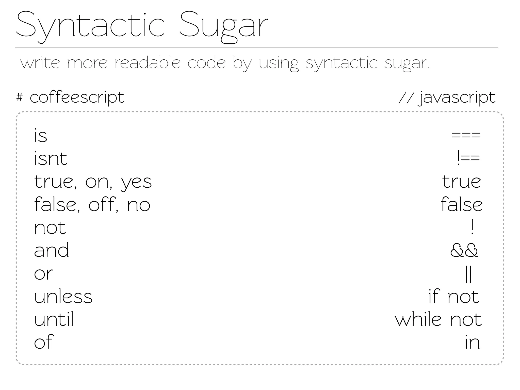 Synactic Sugar
wrie more readable code by using synactic sugar.
# coffeescript                                // javascript

  is                                               ===
  isnt                                              !==
  true, on, yes                                   true
  false, off, no                                  false
  not                                                  !
  and                                              &&
  or                                                 ||
  unless                                        if not
  until                                      while not
  of                                                 in
 