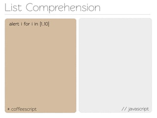 List Comprehension
alert i for i in [1..10]




# coffeescript             // javascript
 