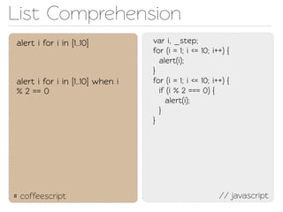 List Comprehension
alert i for i in [1..10]          var i, _sep;
                                  for (i = 1; i <= 10; i++) {
                                    alert(i);
                                  }
alert i for i in [1..10] when i   for (i = 1; i <= 10; i++) {
% 2 == 0                            if (i % 2 === 0) {
                                      alert(i);
                                    }
                                  }




# coffeescript                                           // javascript
 