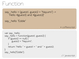 Function
say_hello = (guest1, guest2 = "Nayumi") ->
   "Hello #{guest1} and #{guest2}"

say_hello "Eddie"

                                                  # coffeescript

var say_hello;
say_hello = function(guest1, guest2) {
   if (guest2 == null) {
       guest2 = "Nayumi";
   }
   return "Hello " + guest1 + " and " + guest2;
};
say_hello("Eddie");
                                                  // javascript
 