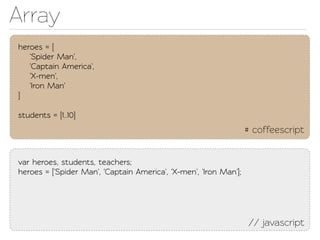 Array
heroes = [
   'Spider Man',
   'Capain America',
   'X-men',
   'Iron Man'
]

students = [1..10]
                                                                   # coffeescript


var heroes, students, eachers;
heroes = ['Spider Man', 'Capain America', 'X-men', 'Iron Man'];




                                                                   // javascript
 