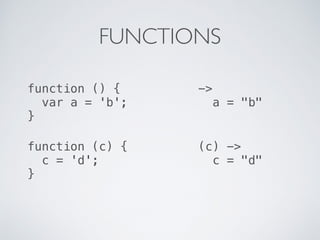 FUNCTIONS
function () {
var a = 'b';
}
->
a = "b"
function (c) {
c = 'd';
}
(c) ->
c = "d"
 