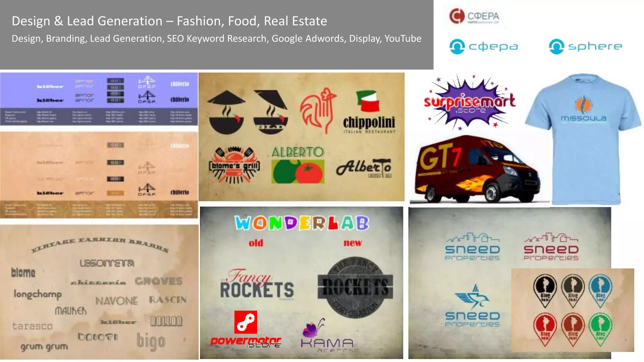 Design & Lead Generation – Fashion, Food, Real Estate
Design, Branding, Lead Generation, SEO Keyword Research, Google Adwords, Display, YouTube
 