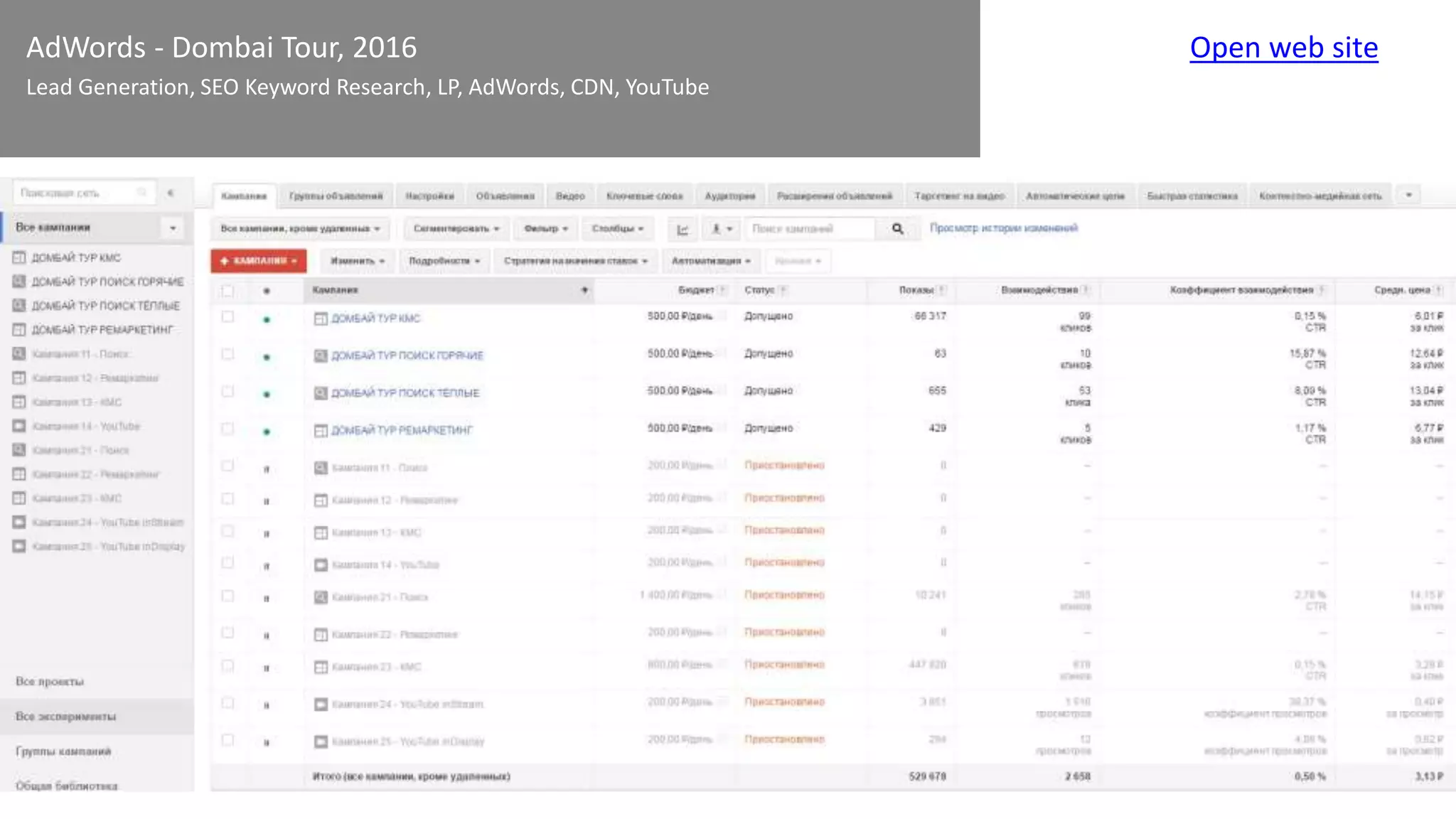 AdWords - Dombai Tour, 2016
Lead Generation, SEO Keyword Research, LP, AdWords, CDN, YouTube
Open web site
 