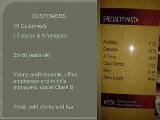 CUSTOMERS 16 Customers  ( 7 males & 9 females) 25-50 years old Young professionals, office employees and middle managers, social Class B Frost, cold drinks and tea 