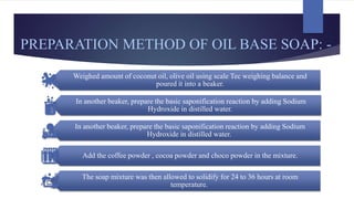 PREPARATION METHOD OF OIL BASE SOAP: -
Weighed amount of coconut oil, olive oil using scale Tec weighing balance and
poured it into a beaker.
In another beaker, prepare the basic saponification reaction by adding Sodium
Hydroxide in distilled water.
In another beaker, prepare the basic saponification reaction by adding Sodium
Hydroxide in distilled water.
Add the coffee powder , cocoa powder and choco powder in the mixture.
The soap mixture was then allowed to solidify for 24 to 36 hours at room
temperature.
 