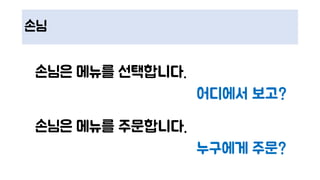 손님
손님은 메뉴를 선택합니다.
어디에서 보고?
손님은 메뉴를 주문합니다.
누구에게 주문?
 