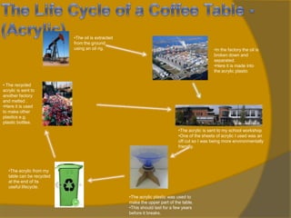 •The oil is extracted
from the ground
using an oil rig.

•In the factory the oil is
broken down and
separated.
•Here it is made into
the acrylic plastic

• The recycled
acrylic is sent to
another factory
and melted .
•Here it is used
to make other
plastics e.g.
plastic bottles.

•The acrylic is sent to my school workshop
•One of the sheets of acrylic I used was an
off cut so I was being more environmentally
friendly.

•The acrylic from my
table can be recycled
at the end of its
useful lifecycle.
•The acrylic plastic was used to
make the upper part of the table.
•This should last for a few years
before it breaks.

 
