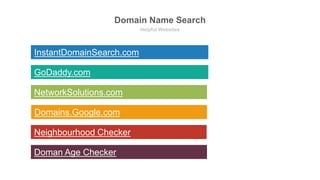 Domain Name Search
Helpful Websites
GoDaddy.com
NetworkSolutions.com
InstantDomainSearch.com
Neighbourhood Checker
Domains.Google.com
Doman Age Checker
 