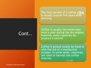 Cont..
Compiled by Subhranshu Sahani
The first harvest of a coffee plant
is usually around five years after
planting.
Coffee is usually harvested only
once a year during the dry season;
however, some countries do
produce a second
Coffee is picked mostly by hand or
with the aid of a mechanical
stripper. In some lands, machines
are used to harvest the coffee
cherries.
11/21/2023
24
 
