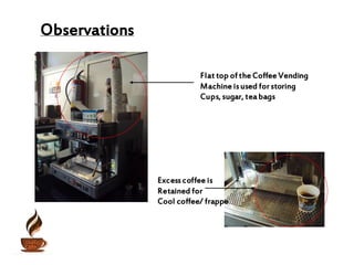 Observations
Flat top of the Coffee Vending
Machine isused for storing
Cups, sugar, tea bags
Excesscoffee is
Retained for
Cool coffee/ frappe
 