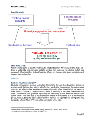 MELISA CARRASCO Brand Management | Coffee Wars Exercise
Page | 12
Thinking-Based
Thoughts
Brand Personality
Other Brand Assets
McCafé’s name itself is an asset for the brand; the linked endorsement ―Mc‖ clearly identifies it as a sub-
brand of McDonald’s which generates credibility and trust from customers. Nevertheless, McCafé was
successfully differentiated from McDonald’s with the different font they use, which shows sophistication and
suggests good quality coffee.
Starbucks
Customer Value Proposition (CVP)
Starbucks offer customers a unique combination of benefits for the price. Even though their coffees are
premium priced, Starbucks does not only sell coffee; they are all about the experience. Starbucks provides
customers with a friendly place where they can relax and truly enjoy coffee. Howard Schultz had a vision to
make Starbucks ―A place for conversation and a sense of community. A third place between work and
home‖. 19Furthermore, they guarantee high quality and their variety is much wider than McCafé’s and
Dunkin Donuts’. They were able to include emotional benefits in what seemed to be a very functional
product. However, Starbucks’ recent decision to change their logo and expand beyond offering coffee may
damage the balance of their CVP, which will be addressed in further detail.
19Morrison, Maureen. "Starbucks Hits No. 3 Despite Limited Ad Spending." Advertising Age. 2 May 2011. Web. 11 Mar. 2012.
<http://adage.com/article/news/starbucks-hits-3-limited-ad-spending/227316/>.
Feelings-Based
Thoughts
“McCafe, I’m Lovin’ It”
Says you can enjoy
quality coffee on a budget
Mutually supportive and consistent
Good price for the value Fast and easy
 
